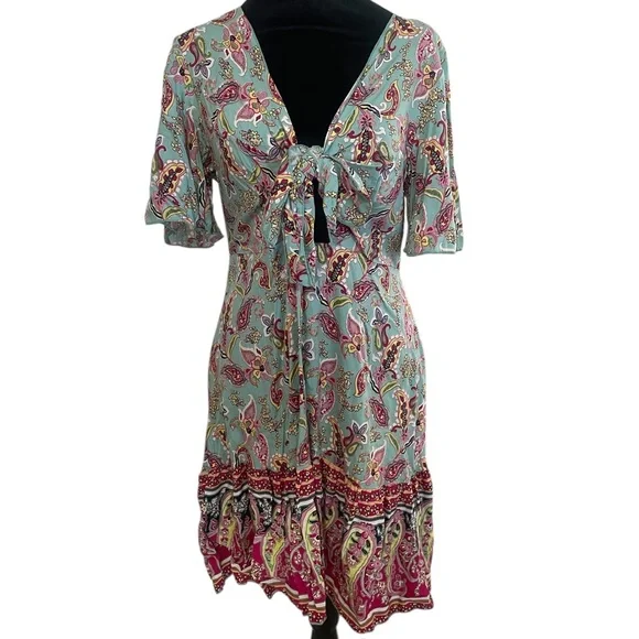 BohoTeal and Pink Paisley Tie-Front cut out Dress, Large, New - Picture 2 of 8